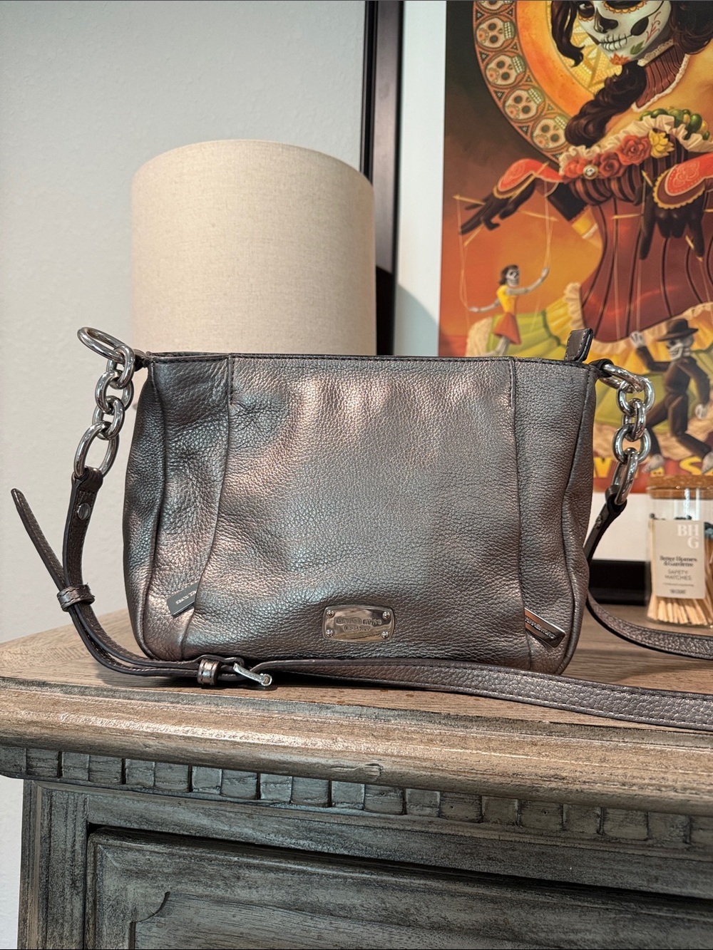 Michael Kors Metallic Pewter Pebbled Leather Crossbody
